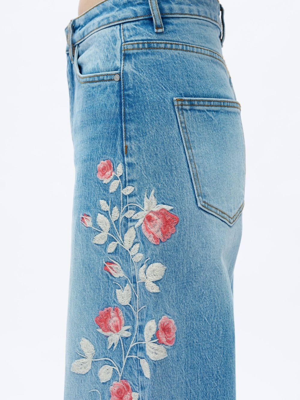 Bayeas Light Blue Barrel Jeans with Pink Rose Embroidery - Picture 9 of 11